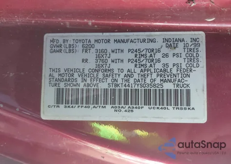 2000 Toyota Tundra Sr5 V8 из США, поврежденный, VIN 5TBKT4417YS035825